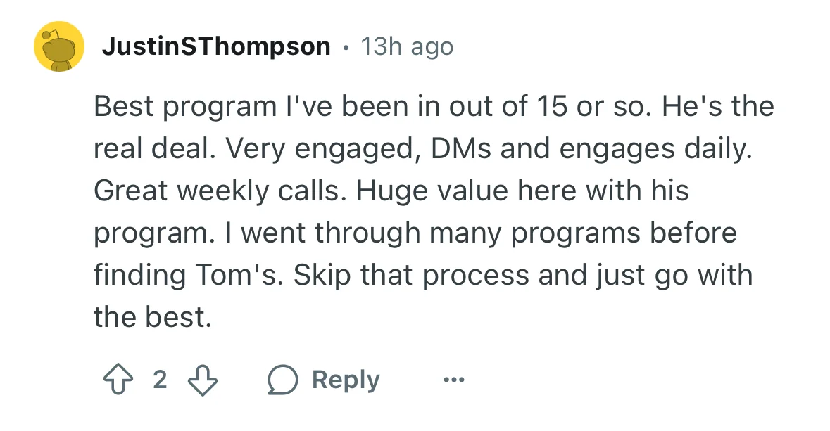 YouTube comment: best program I've been in out of 15 or so, he's the real deal