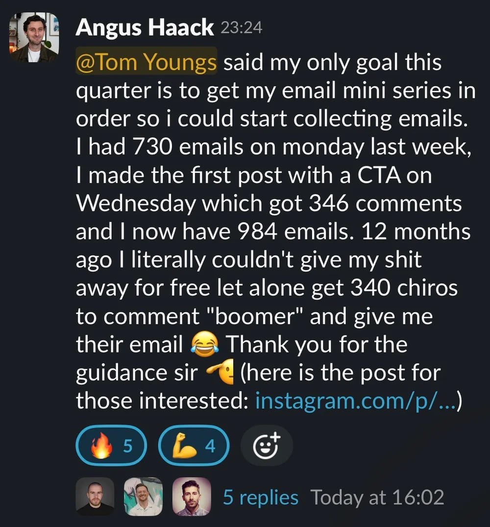 Angus Haack: one post with a CTA got 346 comments and took his list from 730 to 984 emails