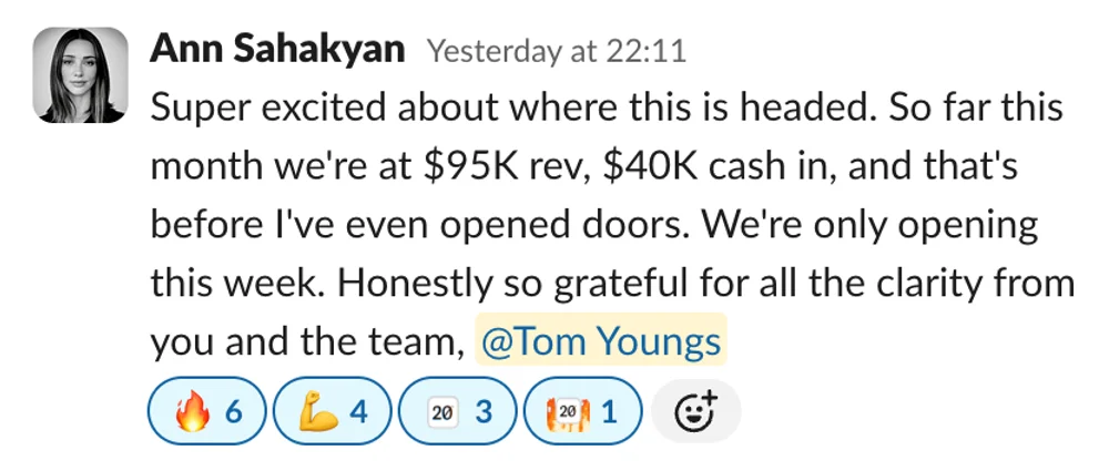 Ann Sahakyan: $95k revenue and $40k cash in this month before even opening doors