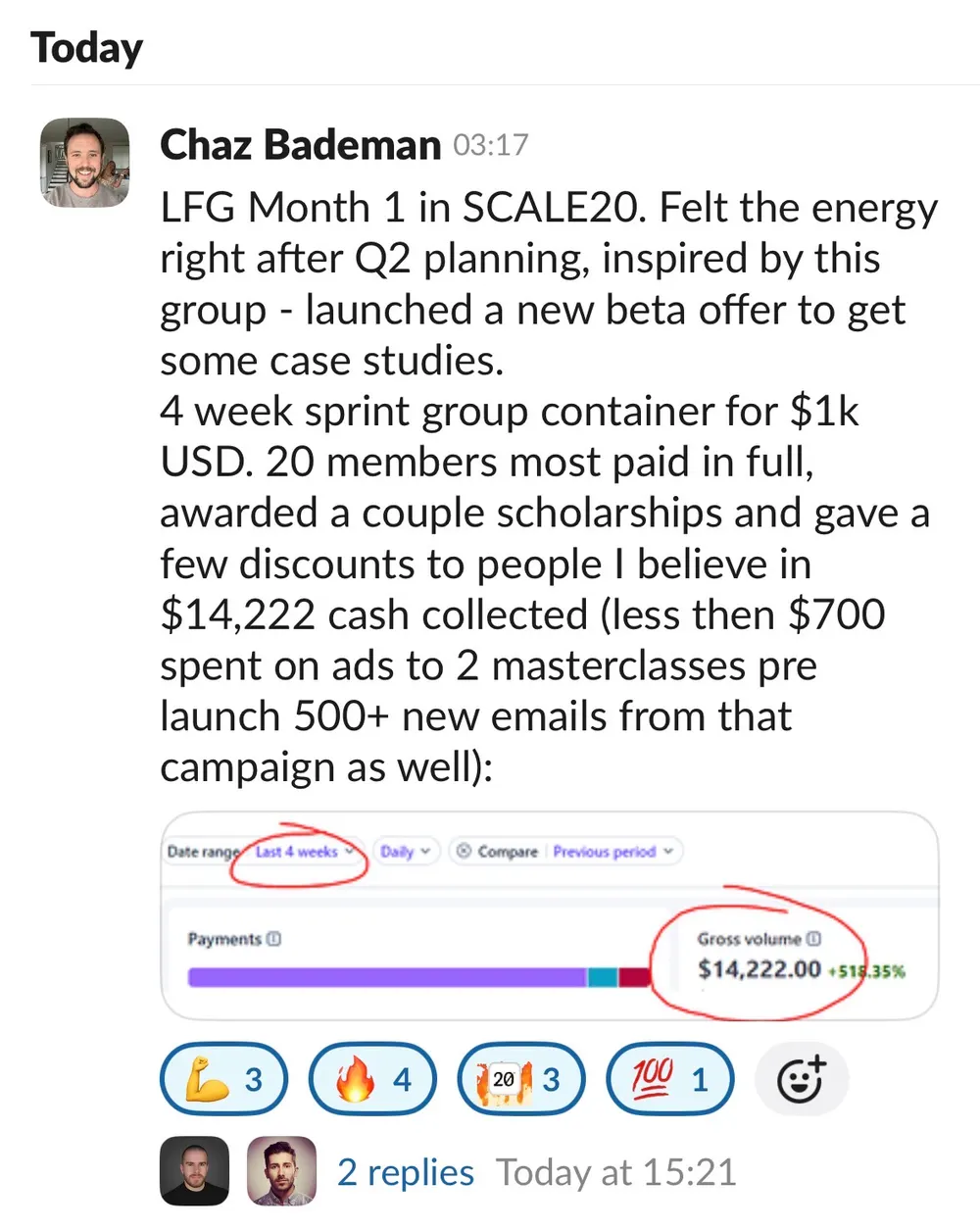 Chaz Bademan: $14,222 cash collected in month 1 of Scale20